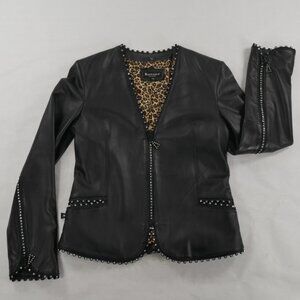 Raffaelo Black Leather Jacket Trimmed in Rhinestones Women's Size Small EUC